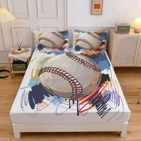MIBNCE Sports Baseball Fitted Sheet Set Sports Theme Bedding Set for Kids Boys 3D Baseball Pattern Bed Sheets Baseball Games Bed Sheet Set Room Decor,Twin Size,Style B