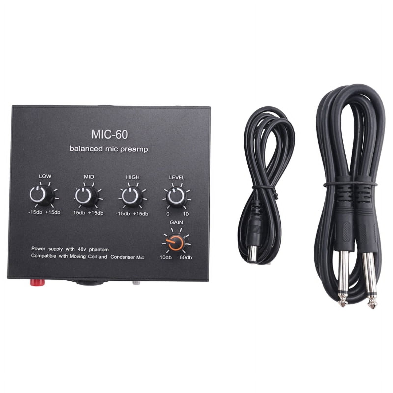 MIC-60 3-Band Equalizer Balanced Mic Preamp Microphone Preamplifier with DC Cable and 6.5mm Cable,1 x Main unit 1 x DC cable 1 x male to male cable,Black
