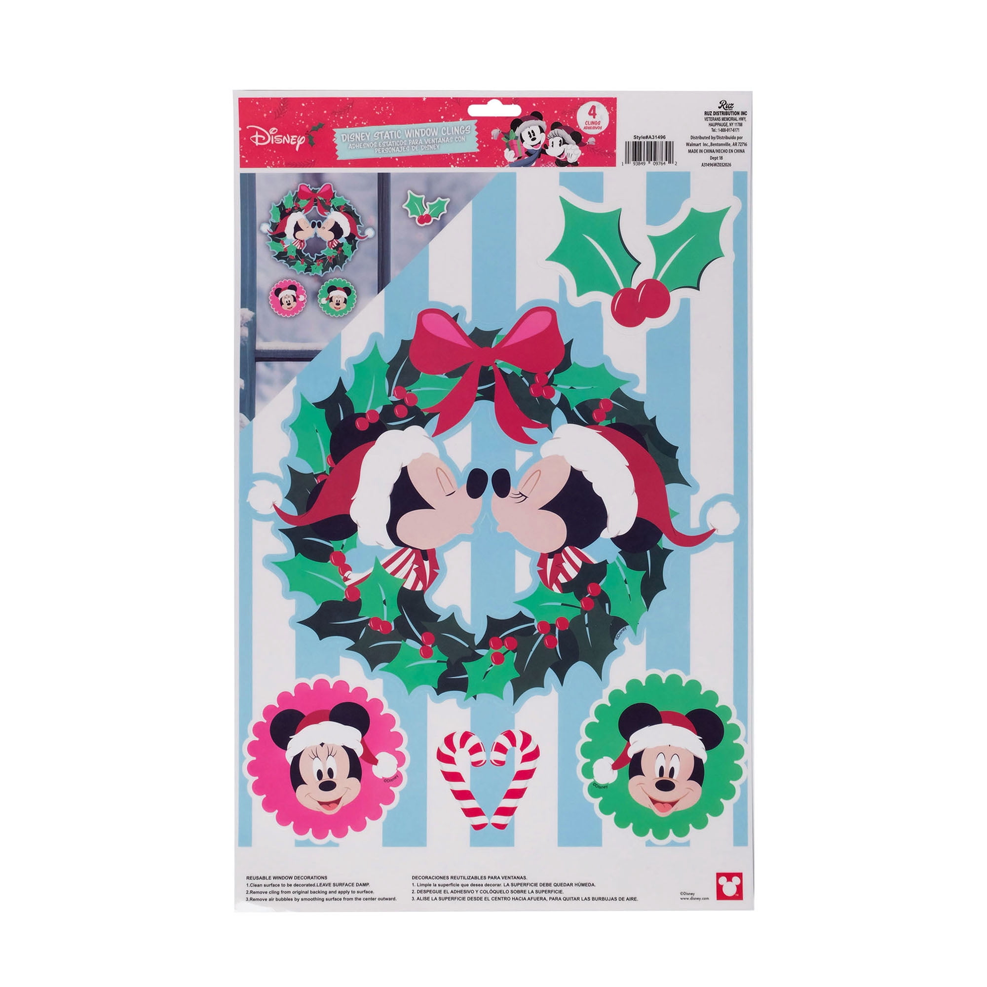 Disney Mickey & Minnie Christmas Window Clings, 4‑Piece Holiday Window Decorations – Festive Wreath & Holiday Icons