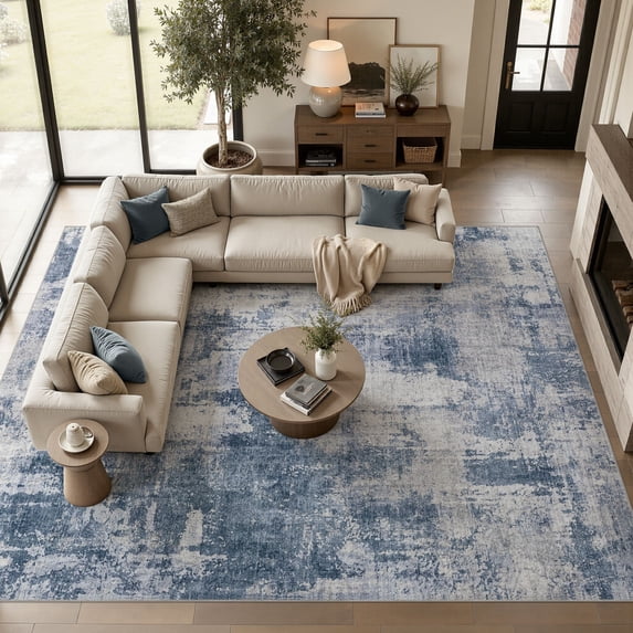 MICGEEK 10'x12' Abstract Area Rugs for Living Room, Stain Resistant Washable Rugs with Non-Slip Backing, Modern Large Area Rug Carpet for Bedroom Dining Room Office, Dark Blue