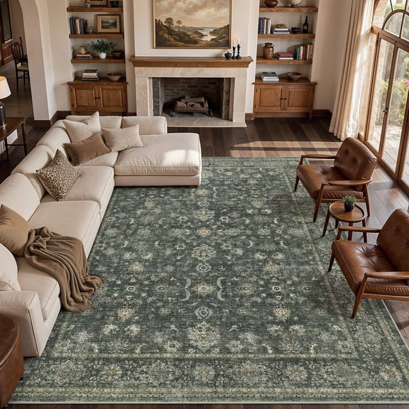MICGEEK 10x12 Large Area Rugs, Washable Vintage Distressed Rug for Living Room Bedroom Home Office, Stain Resistant Floral Print Traditional Distressed Accent Carpet, Vacuum-Friendly, Green