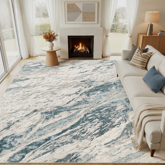 MICGEEK 10x12 Washable Area Rugs for Living Room, Modern Abstract Printed Rug, Vacuum-Friendly, Non Slip Indoor Rug for Bedroom Dining Room Home Decor Carpet, Blue/Brown