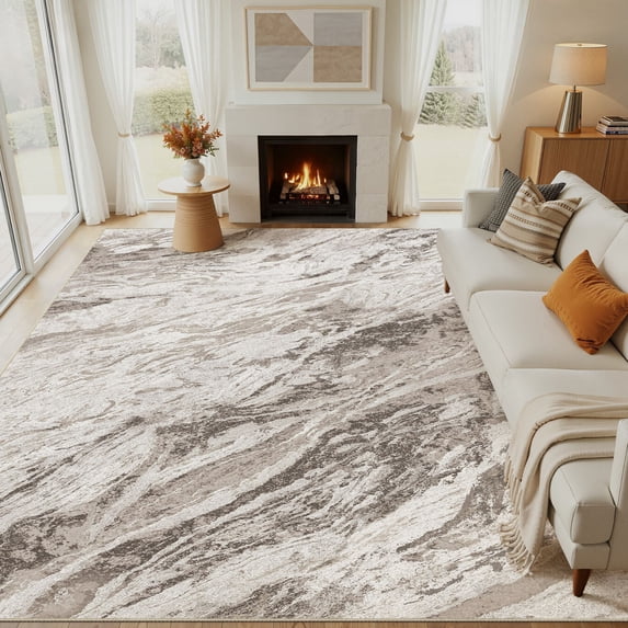 MICGEEK 10x12 Washable Area Rugs for Living Room, Modern Abstract Printed Rug, Vacuum-Friendly, Non Slip Indoor Rug for Bedroom Dining Room Home Decor Carpet, Brown