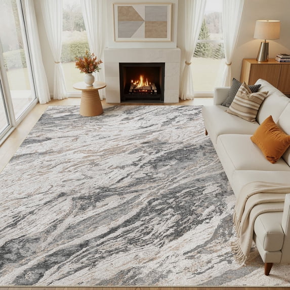 MICGEEK 10x12 Washable Area Rugs for Living Room, Modern Abstract Printed Rug, Vacuum-Friendly, Non Slip Indoor Rug for Bedroom Dining Room Home Decor Carpet, Gray/Brown