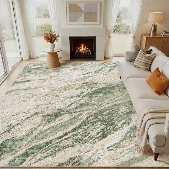 MICGEEK 10x12 Washable Area Rugs for Living Room, Modern Abstract Printed Rug, Vacuum-Friendly, Non Slip Indoor Rug for Bedroom Dining Room Home Decor Carpet, Green/Brown