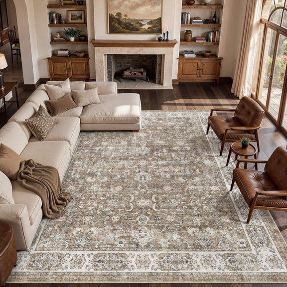 MICGEEK 10x14 Large Area Rugs, Washable Vintage Distressed Rug for Living Room Bedroom Home Office, Stain Resistant Floral Print Traditional Distressed Accent Carpet, Vacuum-Friendly, Brown