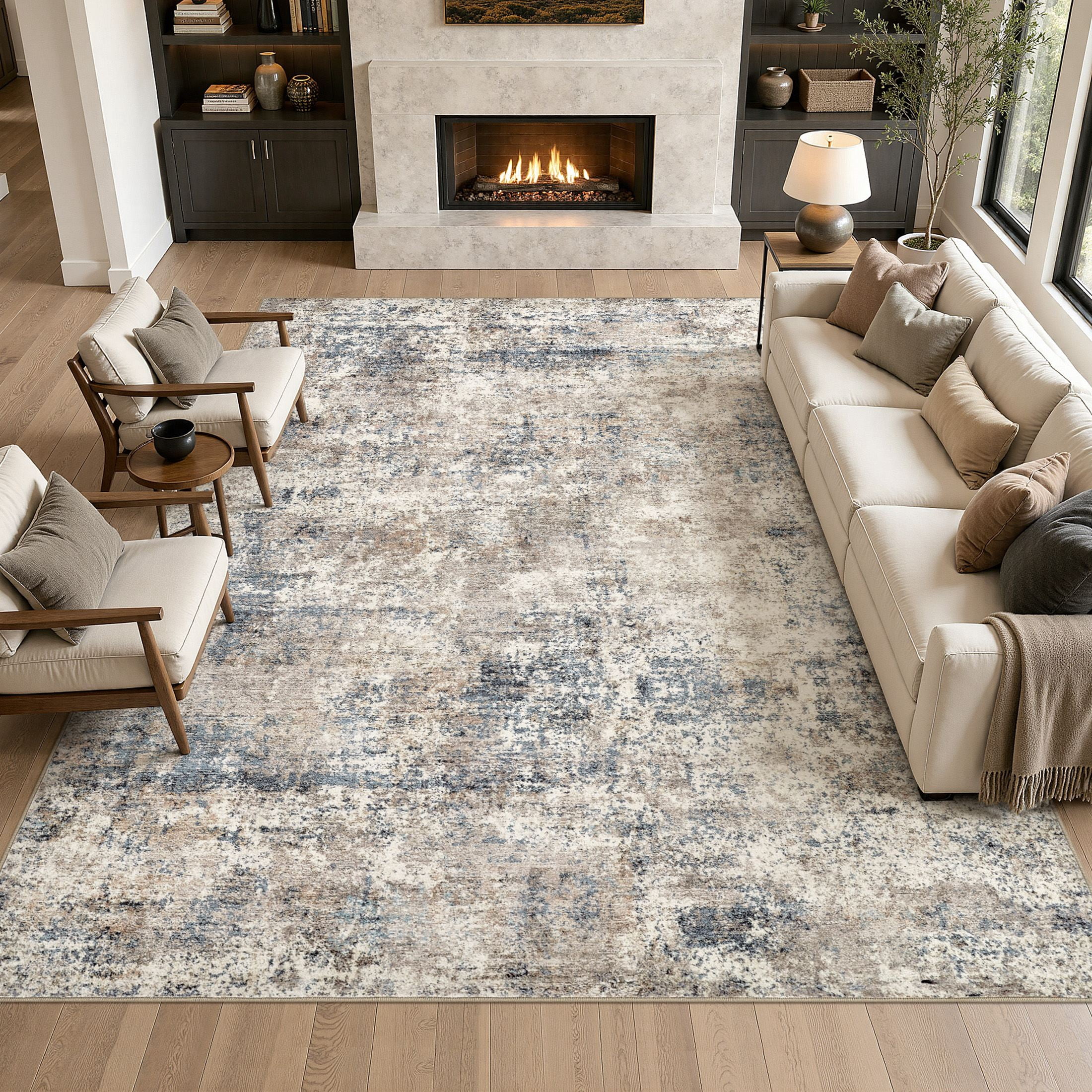 MICGEEK 10x14 Washable Area Rugs for Living Room, Modern Abstract Printed Rug, Vacuum-Friendly, Non Slip Indoor Rug for Bedroom Dining Room Home Decor Carpet, Blue/Brown