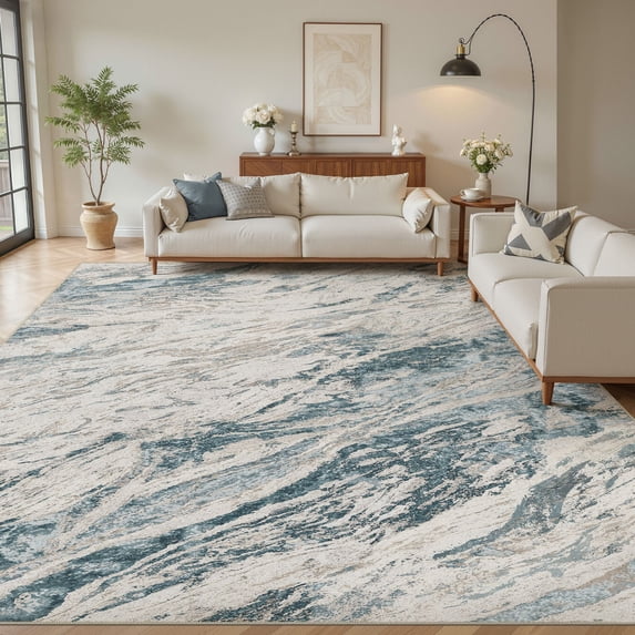 MICGEEK 10x14 Washable Area Rugs for Living Room, Modern Abstract Printed Rug, Vacuum-Friendly, Non Slip Indoor Rug for Bedroom Dining Room Home Decor Carpet, Blue/Brown