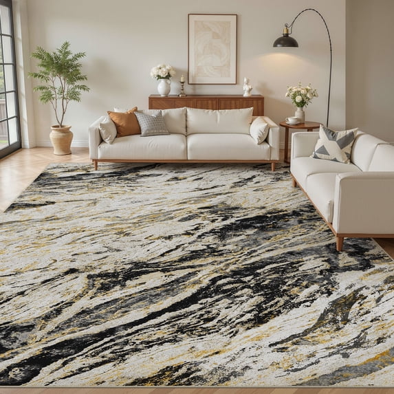 MICGEEK 10x14 Washable Area Rugs for Living Room, Modern Abstract Printed Rug, Vacuum-Friendly, Non Slip Indoor Rug for Bedroom Dining Room Home Decor Carpet, Black/Gold