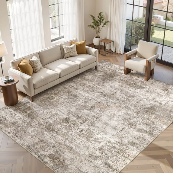 MICGEEK 10x14 Washable Area Rugs for Living Room, Modern Abstract Printed Rug, Vacuum-Friendly, Non Slip Indoor Rug for Bedroom Dining Room Home Decor Carpet, Brown
