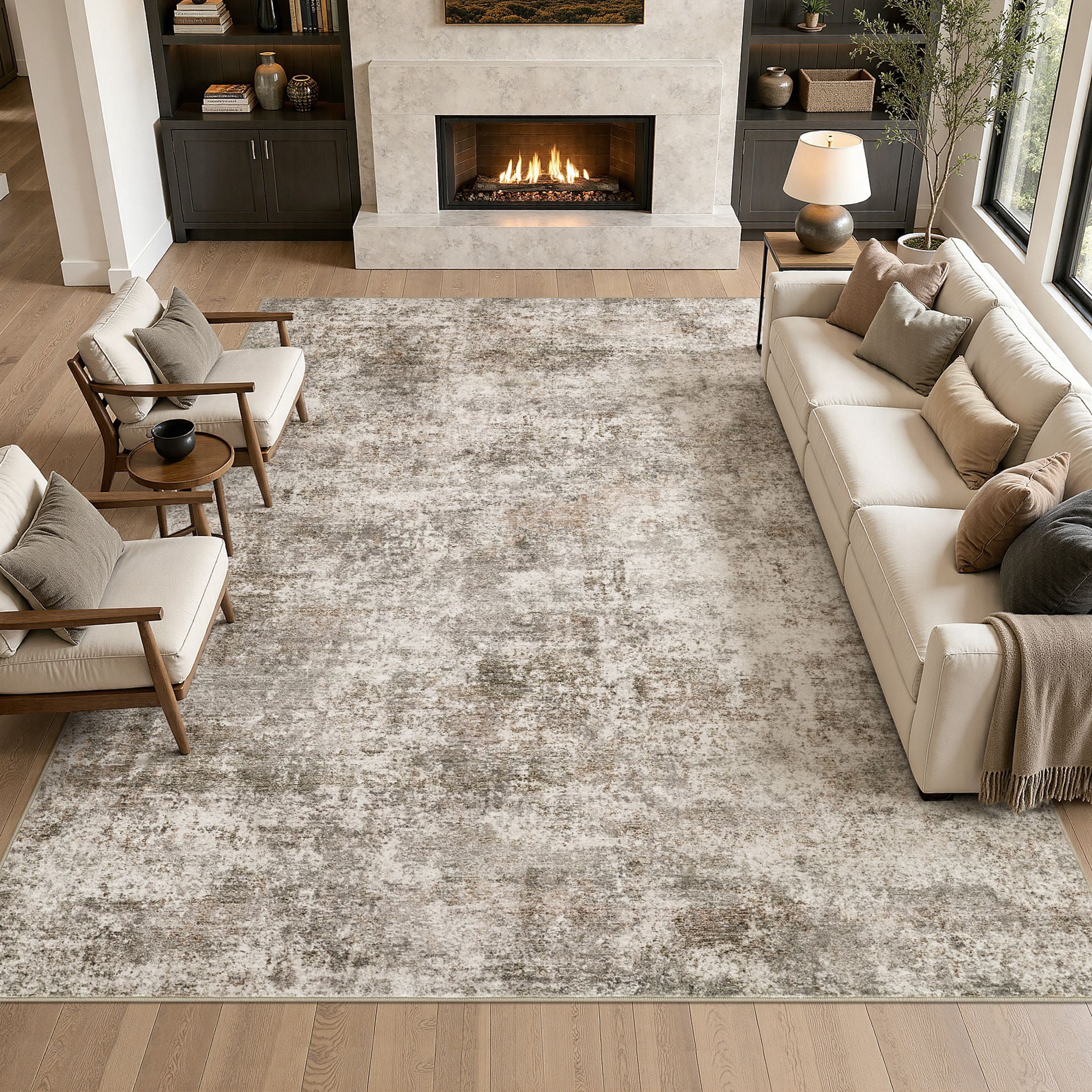 MICGEEK 10x14 Washable Area Rugs for Living Room, Modern Abstract Printed Rug, Vacuum-Friendly, Non Slip Indoor Rug for Bedroom Dining Room Home Decor Carpet, Brown