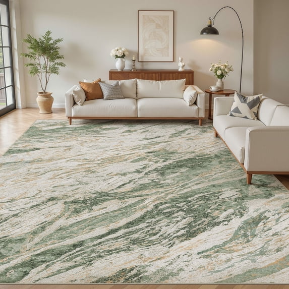 MICGEEK 10x14 Washable Area Rugs for Living Room, Modern Abstract Printed Rug, Vacuum-Friendly, Non Slip Indoor Rug for Bedroom Dining Room Home Decor Carpet, Green/Brown