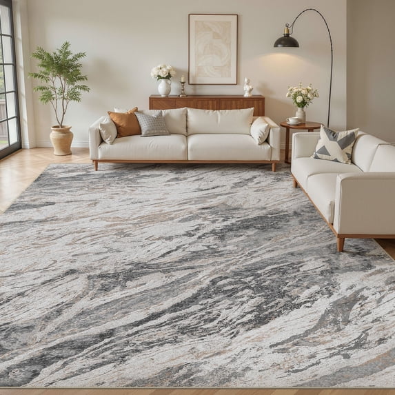 MICGEEK 10x14 Washable Area Rugs for Living Room, Modern Abstract Printed Rug, Vacuum-Friendly, Non Slip Indoor Rug for Bedroom Dining Room Home Decor Carpet, Gray/Brown