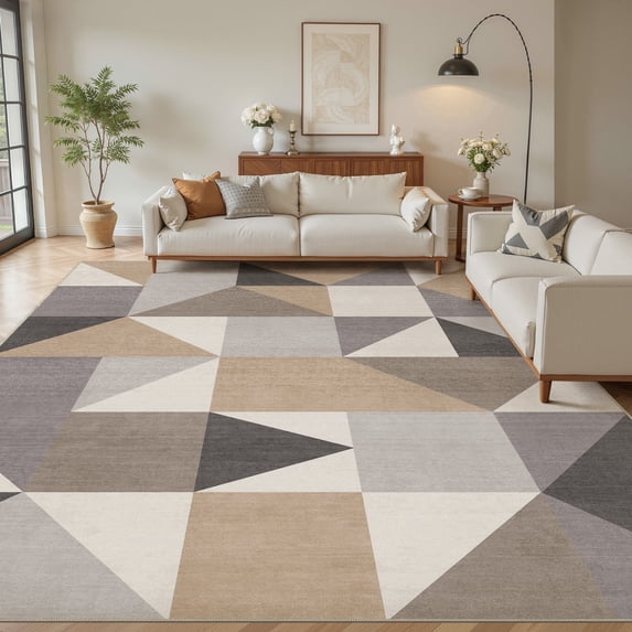 MICGEEK 10x14 Washable Area Rugs for Living Room, Modern Geometric Printed Rug, Vacuum-Friendly, Non Slip Indoor Rug for Bedroom Dining Room Home Decor Carpet, Brown&Gray