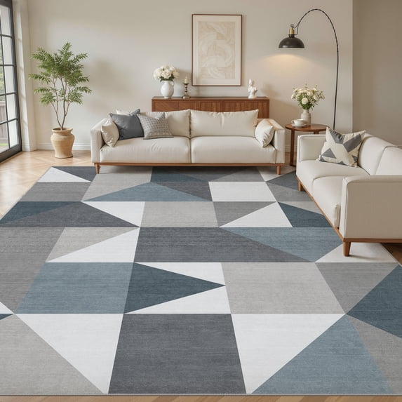 MICGEEK 10x14 Washable Area Rugs for Living Room, Modern Geometric Printed Rug, Vacuum-Friendly, Non Slip Indoor Rug for Bedroom Dining Room Home Decor Carpet, Blue&Gray