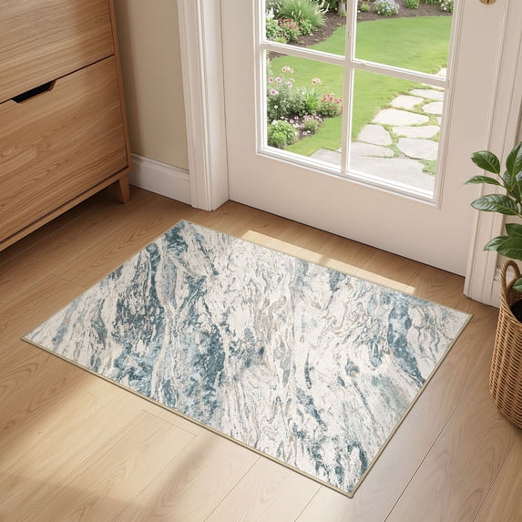 MICGEEK 2x3 Washable Area Rugs for Entryway, Modern Abstract Non Slip Carpet, Low Pile Indoor Rug for Bathroom Home Decor Carpets, Blue/Brown