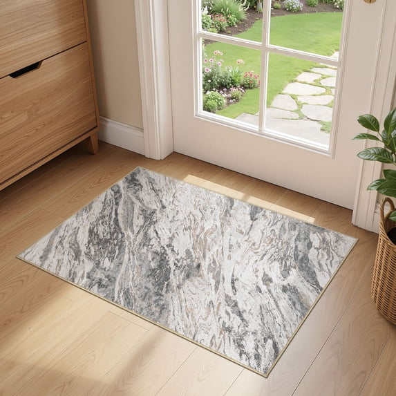 MICGEEK 2x3 Washable Area Rugs for Entryway, Modern Abstract Non Slip Carpet, Low Pile Indoor Rug for Bathroom Home Decor Carpets, Gray/Brown