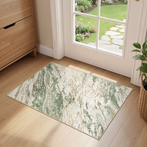 MICGEEK 2x3 Washable Area Rugs for Entryway, Modern Abstract Non Slip Carpet, Low Pile Indoor Rug for Bathroom Home Decor Carpets, Green/Brown