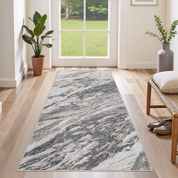 MICGEEK 2x6 Runner Rug, Washable Non-Slip Indoor Runner Rug for Kitchen Halfway Laundry Bedroom Living Room Carpet Area Rug, 2x6 ft Abstract Low Pile Kitchen Runner Rug, Gray/Brown