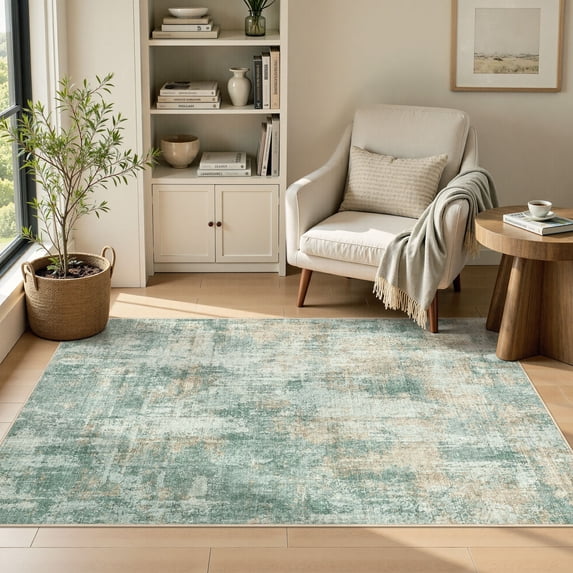 MICGEEK 3'x5' Abstract Area Rugs, Stain Resistant Washable Throw Rugs for Bedroom Kitchen Entryway, Modern Small Area Rug Front Door Mat Entrance Doormat with Non-Slip Backing, Green