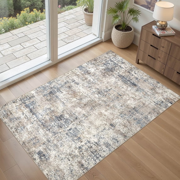 MICGEEK 3x5 Washable Area Rugs for Living Room, Modern Abstract Printed Rug, Vacuum-Friendly, Non Slip Indoor Rug for Bedroom Dining Room Home Decor Carpet, Blue/Brown