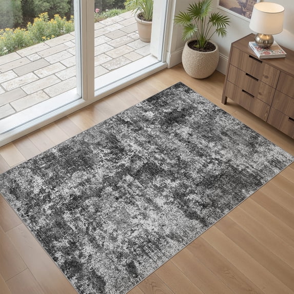 MICGEEK 3x5 Washable Area Rugs for Living Room, Modern Abstract Printed Rug, Vacuum-Friendly, Non Slip Indoor Rug for Bedroom Dining Room Home Decor Carpet, Dark Gray