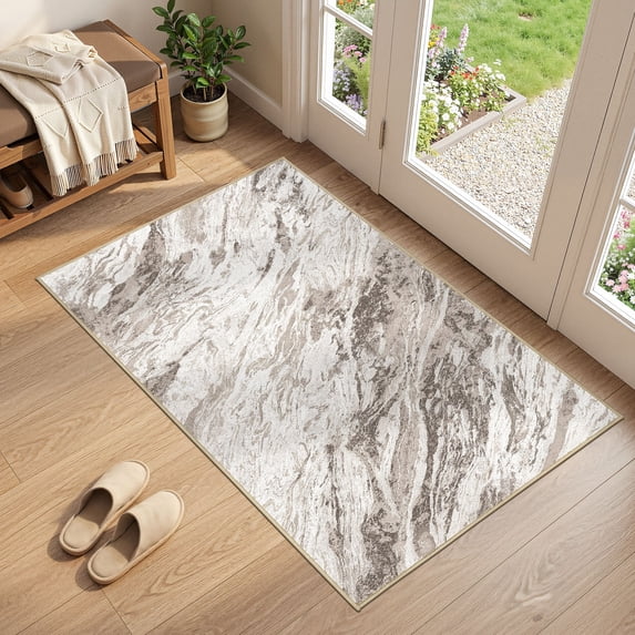 MICGEEK 3x5 Washable Area Rugs for Entryway, Modern Abstract Non Slip Carpet, Low Pile Indoor Rug for Bedroom Home Decor Carpets, Brown