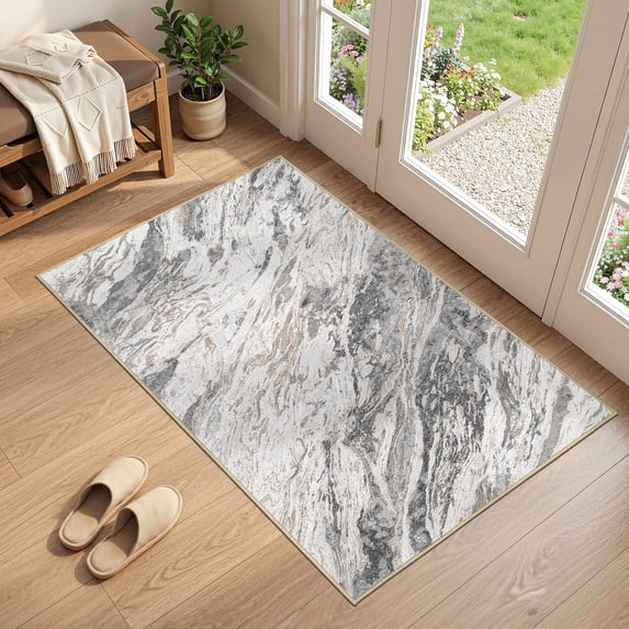 MICGEEK 3x5 Washable Area Rugs for Entryway, Modern Abstract Non Slip Carpet, Low Pile Indoor Rug for Bedroom Home Decor Carpets, Gray/Brown