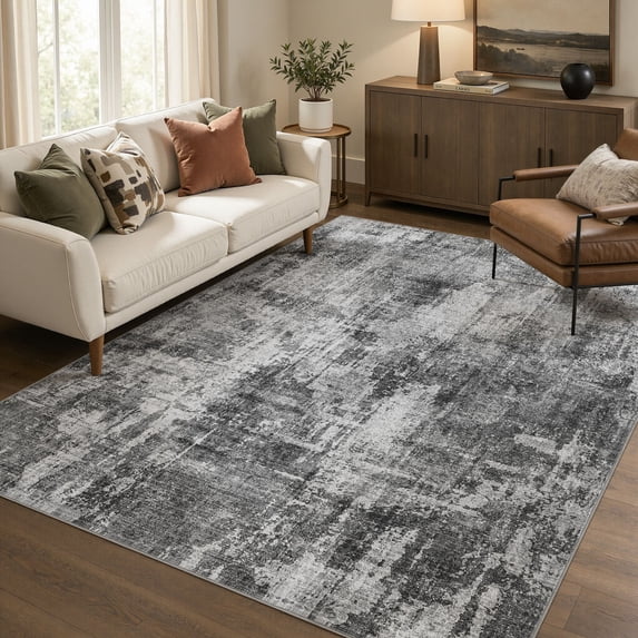 MICGEEK 5'x7' Abstract Area Rugs for Living Room, Stain Resistant Washable Rugs with Non-Slip Backing, Modern Dark Gray Rug for Bedroom Dining Room Office Throw Rugs Carpet