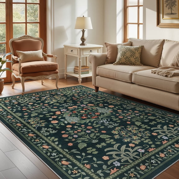 Micgeek Boho 5x7 Area Rugs for Living Room, Floral Non-Slip Washable Rug for Bedroom Home Decor Carpet, Farmhouse Dining Room Office Throw Rugs, Dark Green