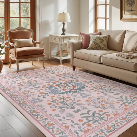 Micgeek Boho 5x7 Area Rugs for Living Room, Floral Non-Slip Washable Rug for Bedroom Home Decor Carpet, Farmhouse Dining Room Office Throw Rugs, Pink
