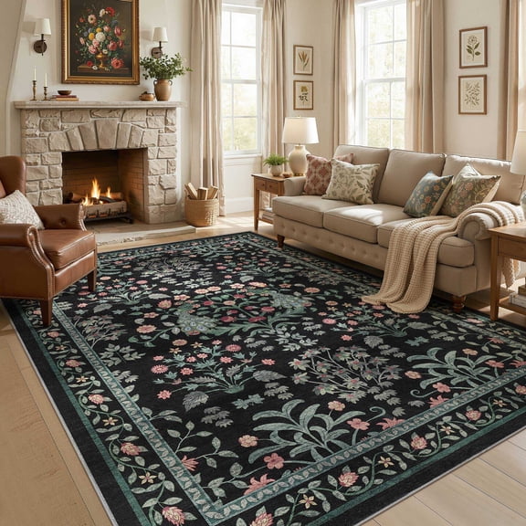 Micgeek Boho 5x7 Area Rugs for Living Room, Floral Non-Slip Washable Rug for Bedroom Home Decor Carpet, Farmhouse Dining Room Office Throw Rugs, Black