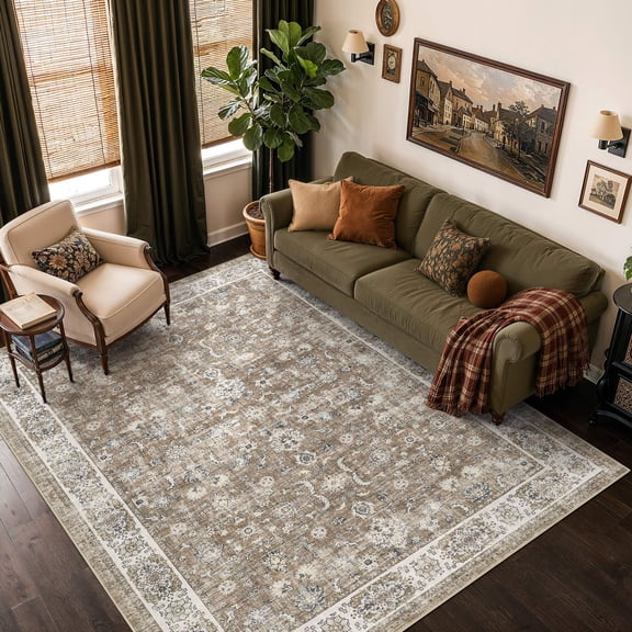 MICGEEK 5x7 Area Rugs, Washable Vintage Distressed Rug for Living Room Bedroom Home Office, Stain Resistant Floral Print Traditional Distressed Accent Carpet, Vacuum-Friendly, Brown