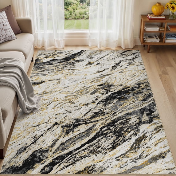 MICGEEK 5x7 Washable Area Rugs for Living Room, Modern Abstract Printed Rug, Vacuum-Friendly, Non Slip Indoor Rug for Bedroom Dining Room Home Decor Carpet, Black/Gold