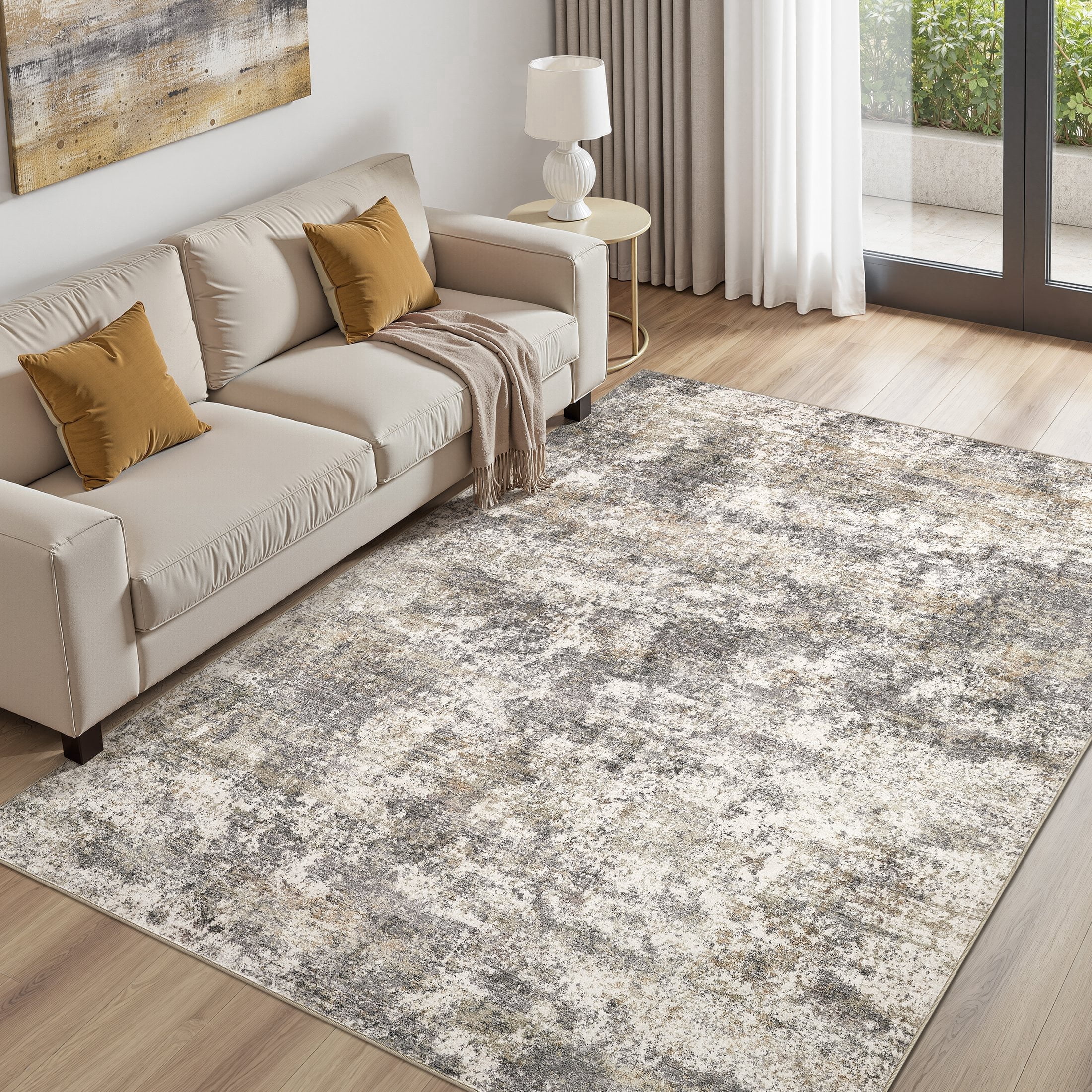MICGEEK 5x7 Washable Area Rugs for Living Room, Modern Abstract Printed Rug, Vacuum-Friendly, Non Slip Indoor Rug for Bedroom Dining Room Home Decor Carpet, Gray/Brown