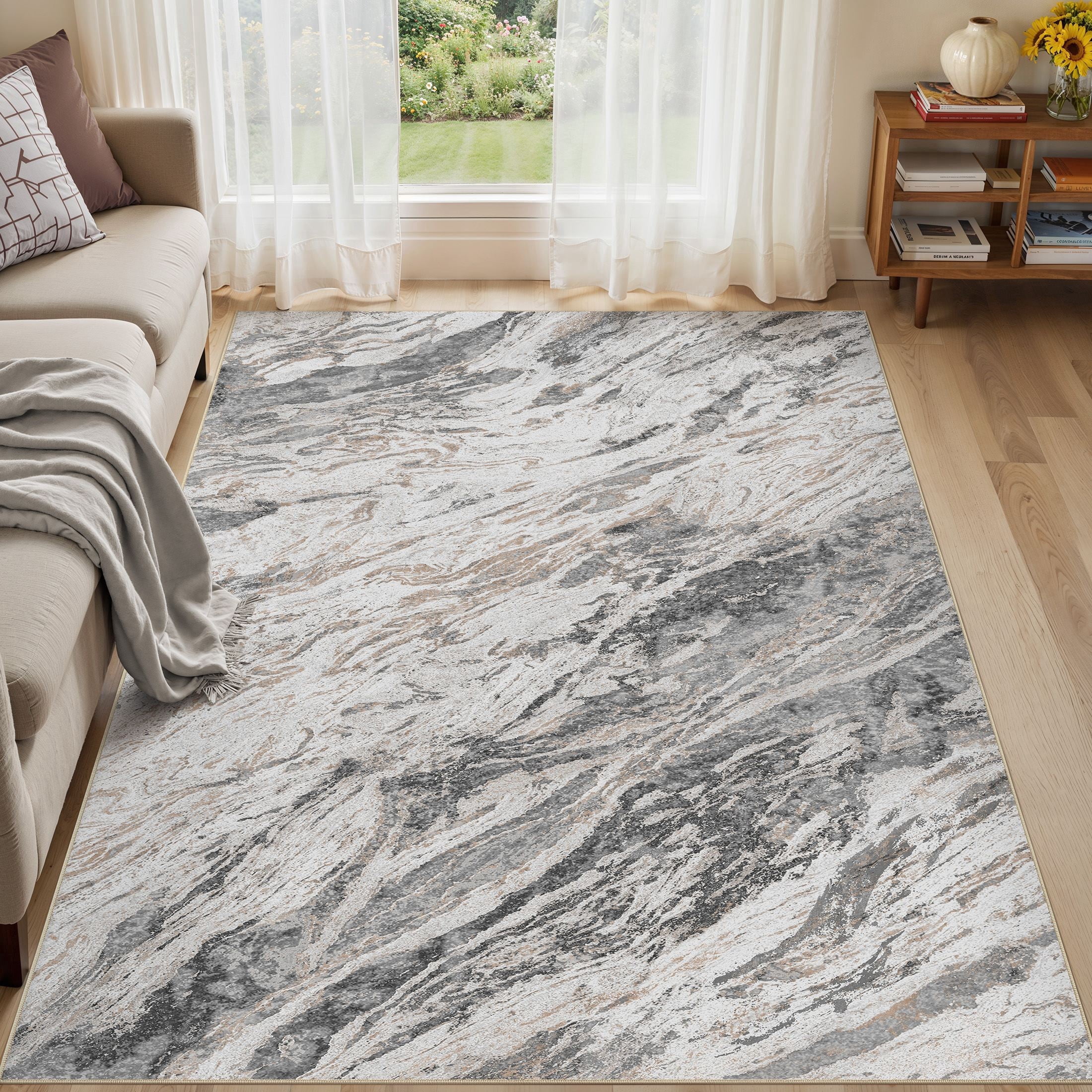 MICGEEK 5x7 Washable Area Rugs for Living Room, Modern Abstract Printed Rug, Vacuum-Friendly, Non Slip Indoor Rug for Bedroom Dining Room Home Decor Carpet, Gray/Brown