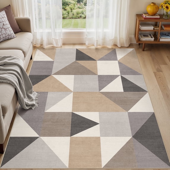 MICGEEK 5x7 Washable Area Rugs for Living Room, Modern Geometric Printed Rug, Vacuum-Friendly, Non Slip Indoor Rug for Bedroom Dining Room Home Decor Carpet, Brown&Gray