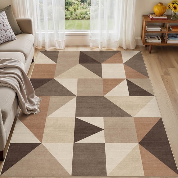 MICGEEK 5x7 Washable Area Rugs for Living Room, Modern Geometric Printed Rug, Vacuum-Friendly, Non Slip Indoor Rug for Bedroom Dining Room Home Decor Carpet, Dark Brown