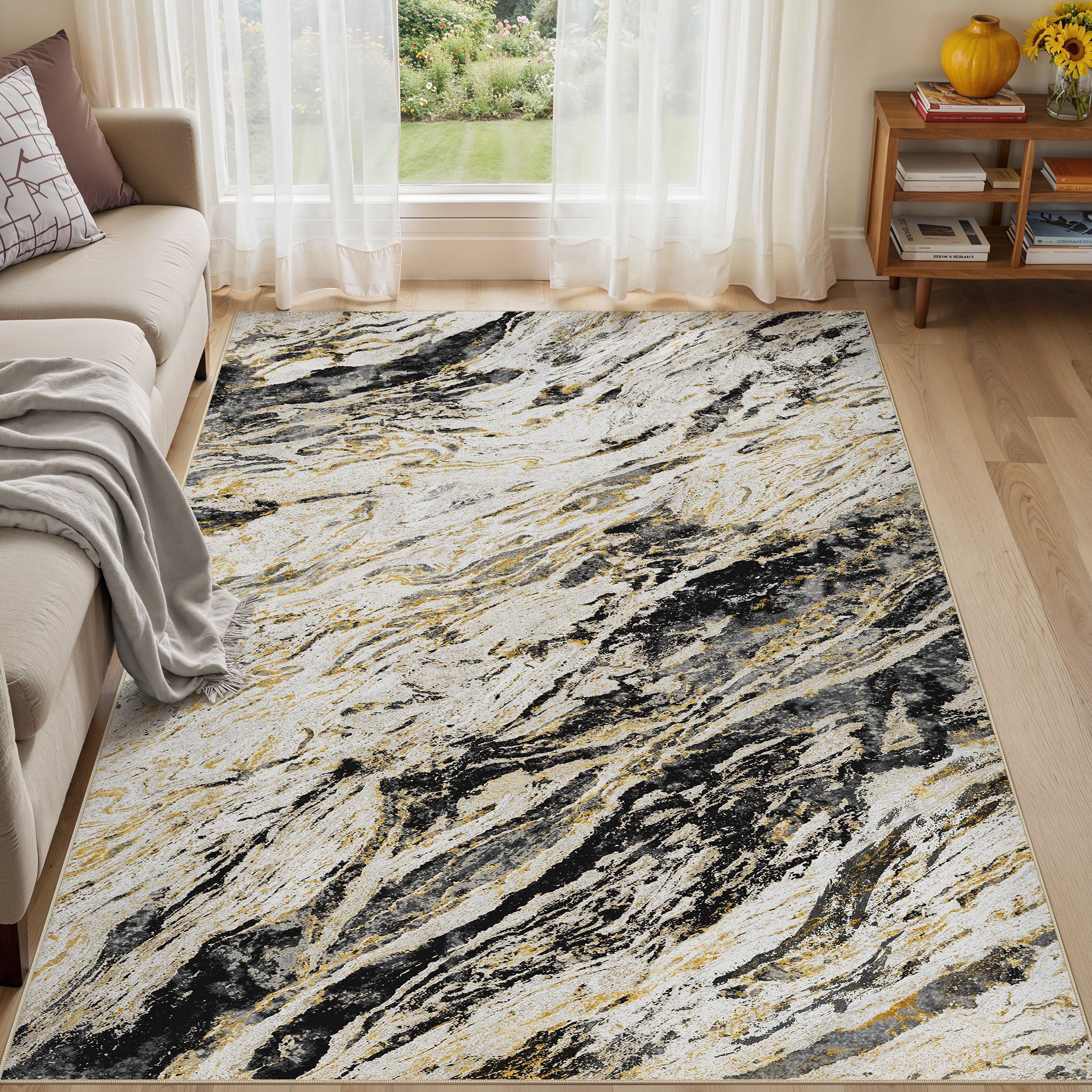 MICGEEK 6x9 Washable Area Rugs for Living Room, Modern Abstract Printed Rug, Vacuum-Friendly, Non Slip Indoor Rug for Bedroom Dining Room Home Decor Carpet, Black/Gold