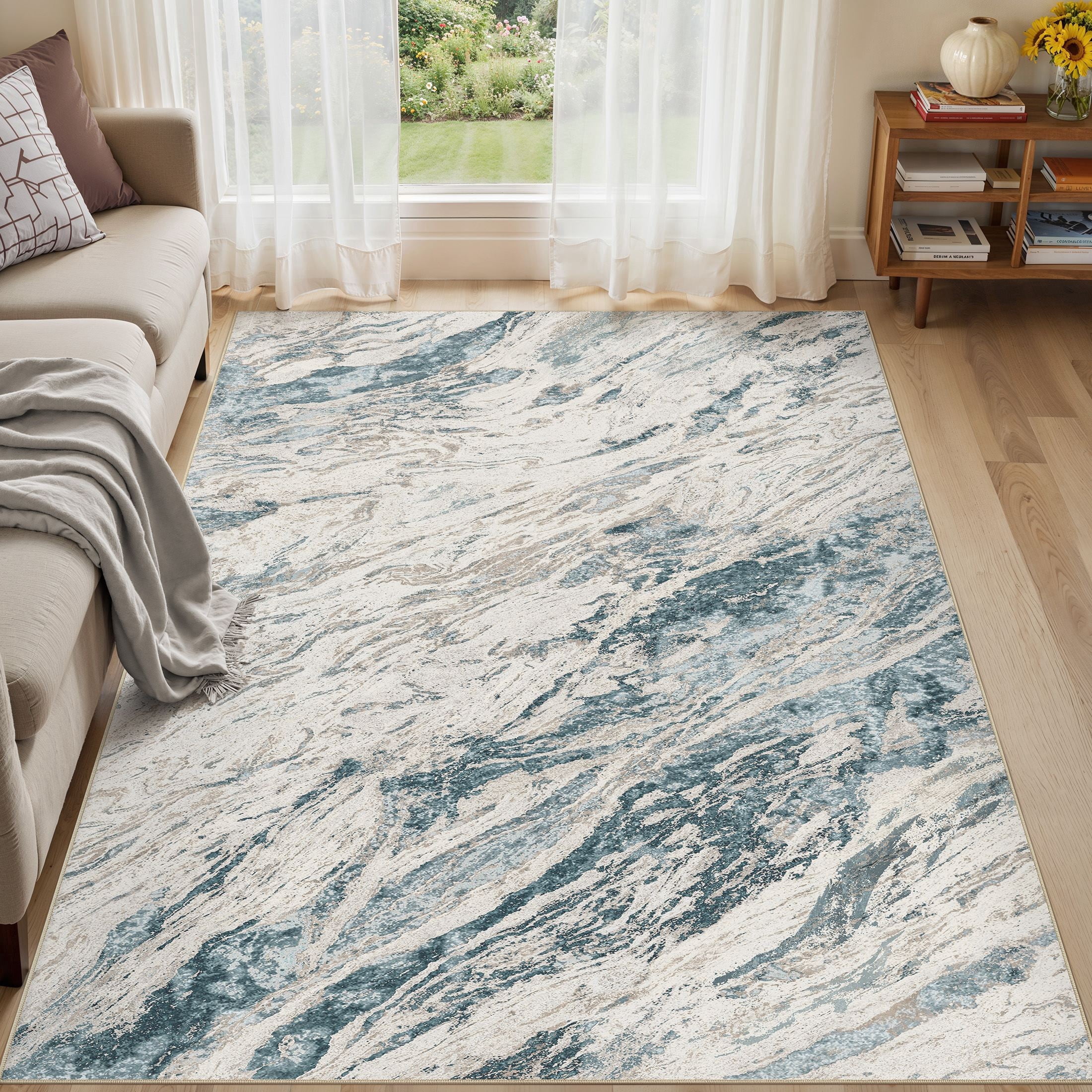 MICGEEK 6x9 Washable Area Rugs for Living Room, Modern Abstract Printed Rug, Vacuum-Friendly, Non Slip Indoor Rug for Bedroom Dining Room Home Decor Carpet, Blue/Brown