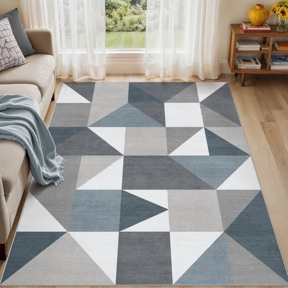 MICGEEK 6x9 Washable Area Rugs for Living Room, Modern Geometric Printed Rug, Vacuum-Friendly, Non Slip Indoor Rug for Bedroom Dining Room Home Decor Carpet, Blue&Gray