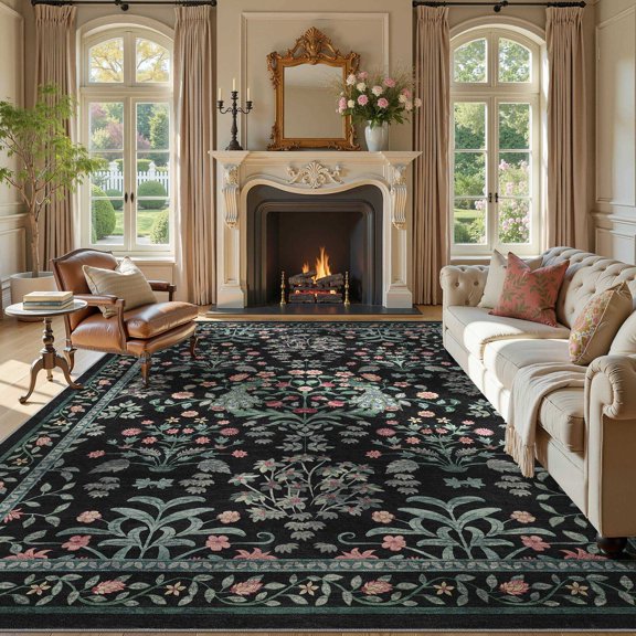 MICGEEK 8'x10' Floral Washable Rugs 8x10, Non-Slip Soft 8x10 Rugs for Living Room Bedroom, Ultra-Thin Stain Resistant Boho Accent Carpet for Dining Room Office,Black