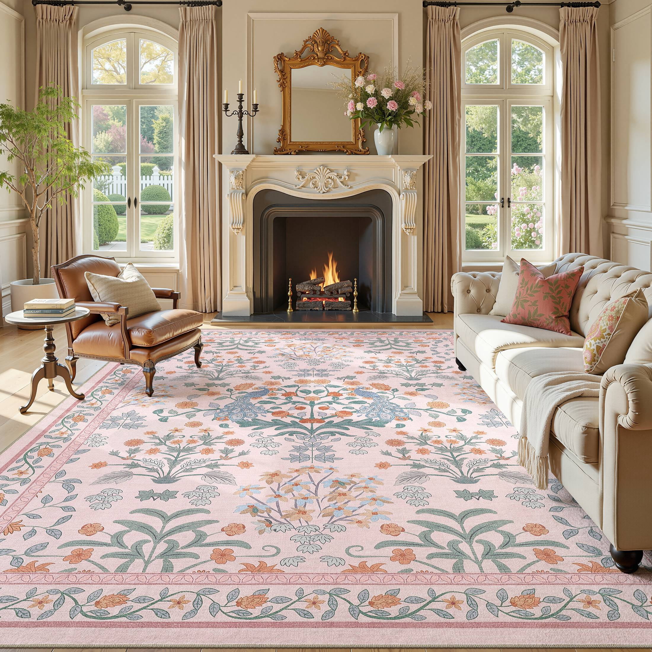 Micgeek Boho 8x10 Area Rugs for Living Room, Floral Non-Slip Washable Rug for Bedroom Home Decor Carpet, Farmhouse Dining Room Office Large Rugs, Pink