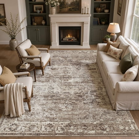 MICGEEK 8'x10' Washable Area Rugs for Living Room, Vacuum friendly, Vintage Distressed Rug, Retro Carpet, Non Slip Indoor Rugs for Bedroom Home Decor Carpets, Brown