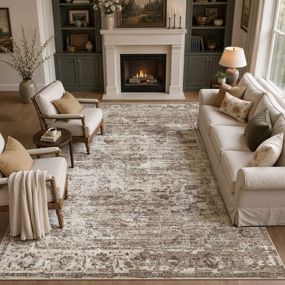 MICGEEK 8'x10' Washable Area Rugs for Living Room, Vacuum friendly, Vintage Distressed Rug, Retro Carpet, Non Slip Indoor Rugs for Bedroom Home Decor Carpets, Brown