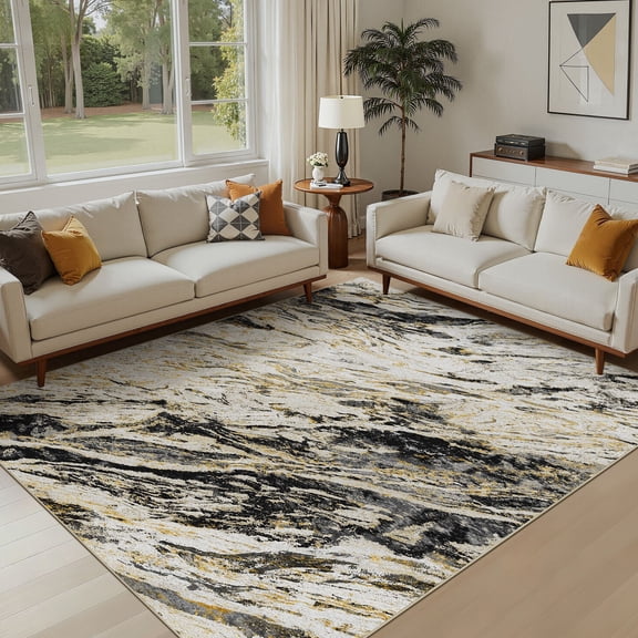 MICGEEK 8x10 Washable Area Rugs for Living Room, Modern Abstract Printed Rug, Vacuum-Friendly, Non Slip Indoor Rug for Bedroom Dining Room Home Decor Carpet, Black/Gold