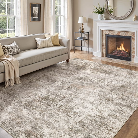MICGEEK 8x10 Washable Area Rugs for Living Room, Modern Abstract Printed Rug, Vacuum-Friendly, Non Slip Indoor Rug for Bedroom Dining Room Home Decor Carpet, Brown