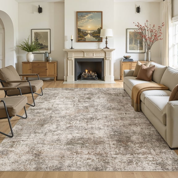 MICGEEK 8x10 Washable Area Rugs for Living Room, Modern Abstract Printed Rug, Vacuum-Friendly, Non Slip Indoor Rug for Bedroom Dining Room Home Decor Carpet, Brown