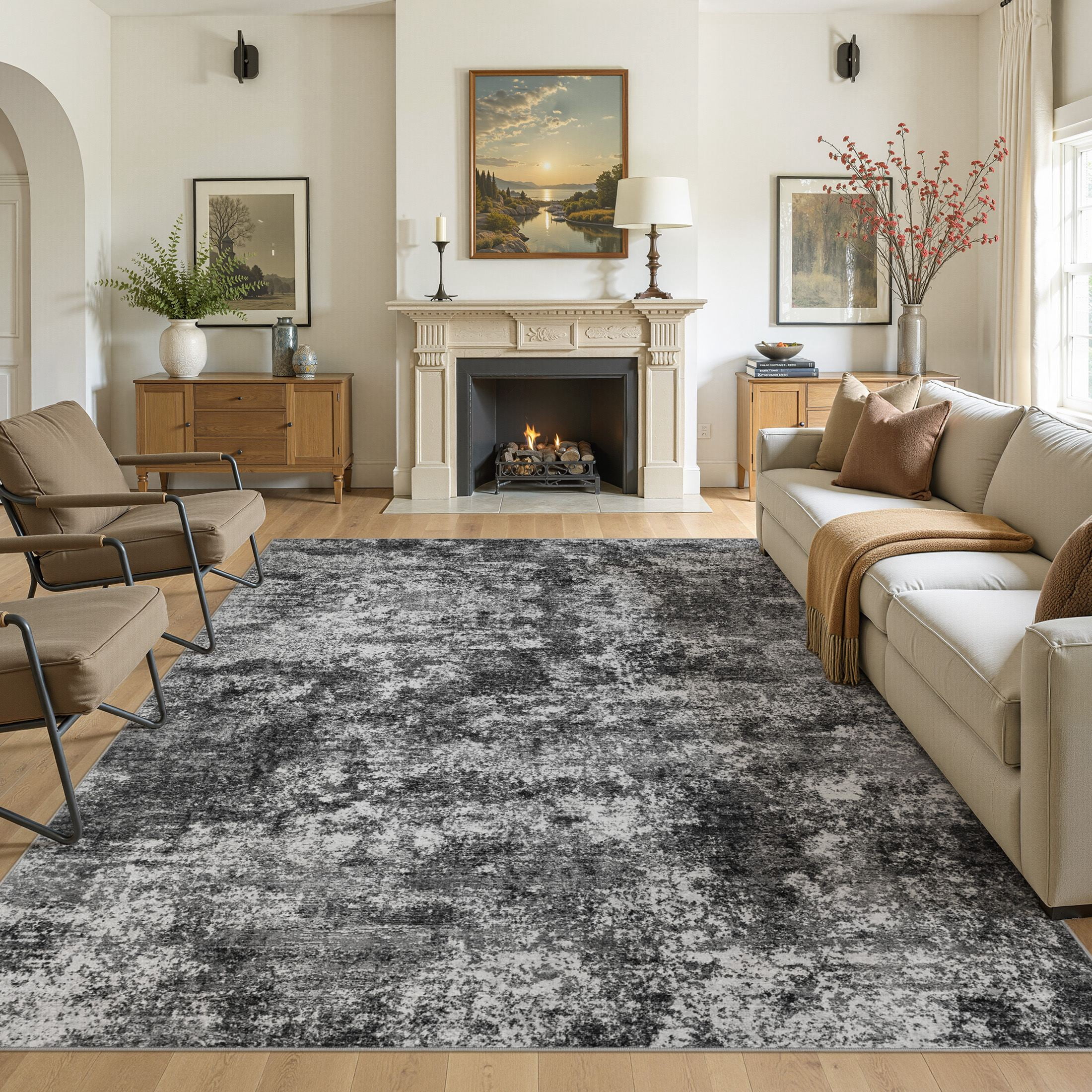 MICGEEK 8x10 Washable Area Rugs for Living Room, Modern Abstract Printed Rug, Vacuum-Friendly, Non Slip Indoor Rug for Bedroom Dining Room Home Decor Carpet, Dark Gray
