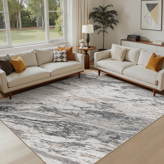MICGEEK 8x10 Washable Area Rugs for Living Room, Modern Abstract Printed Rug, Vacuum-Friendly, Non Slip Indoor Rug for Bedroom Dining Room Home Decor Carpet, Gray/Brown